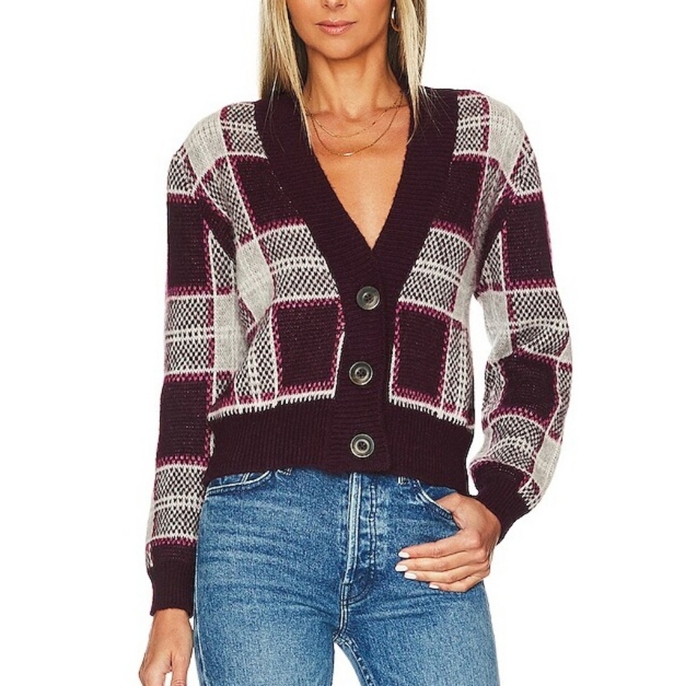 MOTHER The Slim Low Cardigan Crop Sweater Bad Boy Magnet Purple Plaid Size XS